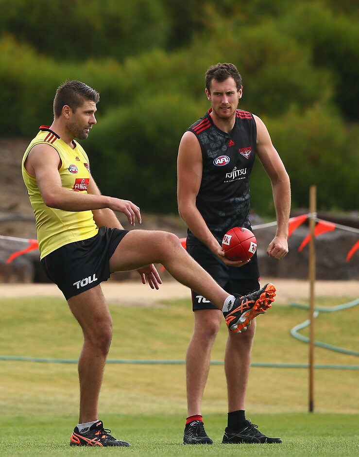 AFL 2016 Training - Essendon 200116 Mark Jamar with new teammate Matthew Leuenberger - ${keywords}